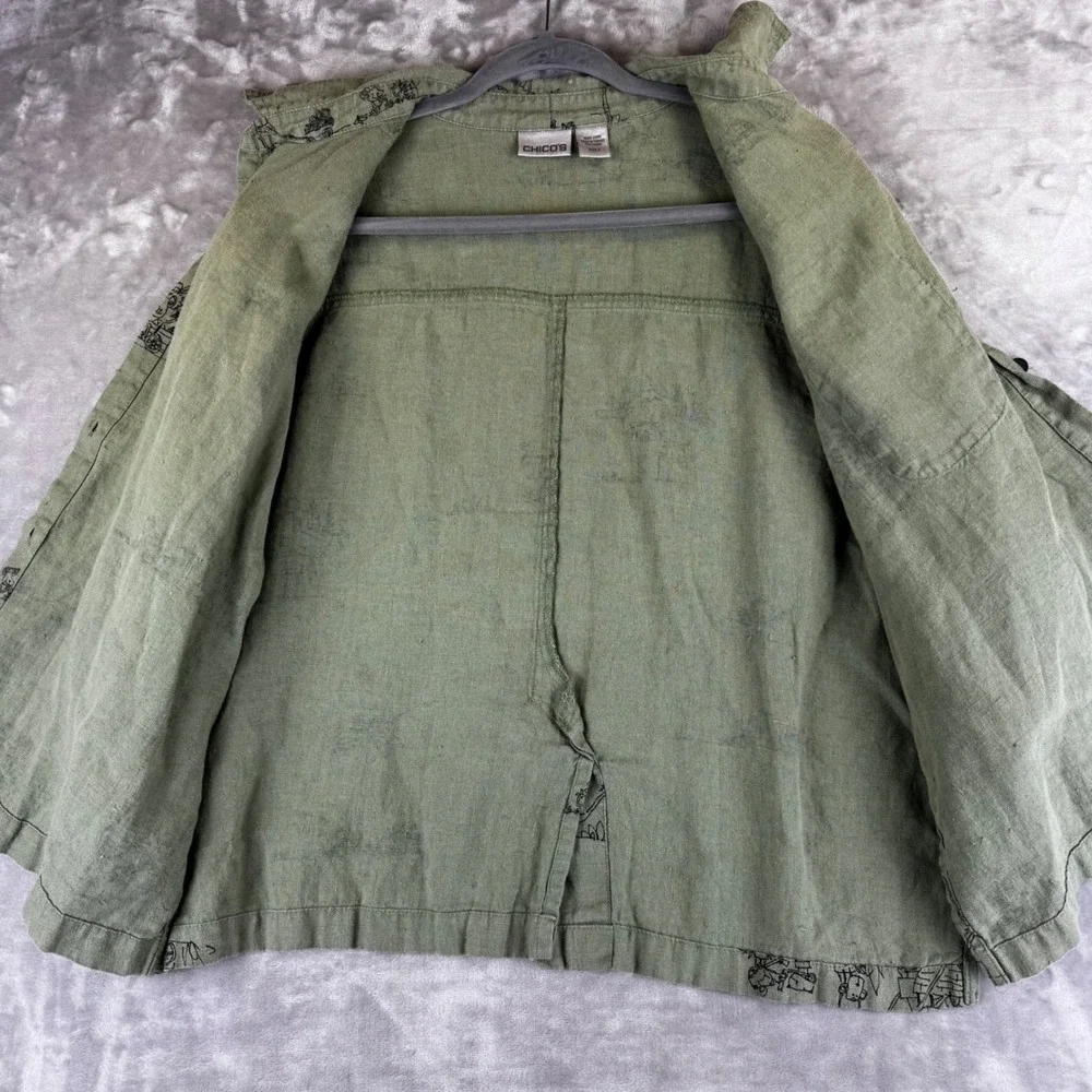 Chico's Button Down Shirt Women‎ 2 Green Linen Novelty Print Tropical (1470)